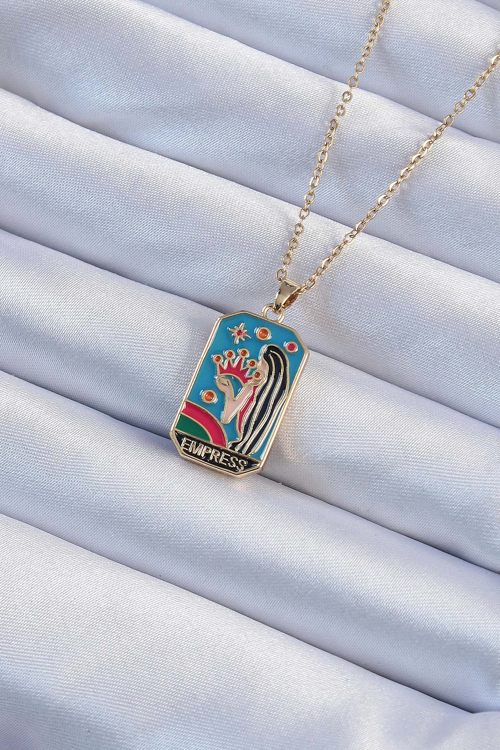 316L Çelik Zincir Altın Renk Taç ve Kız Figürlü Renkli Mineli Tarot Kolye 5886 - MZUIRG6578-2