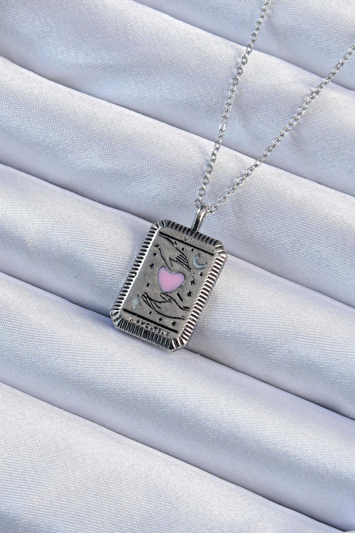 316L Çelik Zincir Eskitme Gümüş Renk Pembe Mineli Kalp Figürlü Tarot Kolye 588 - MZUIRG9658-7