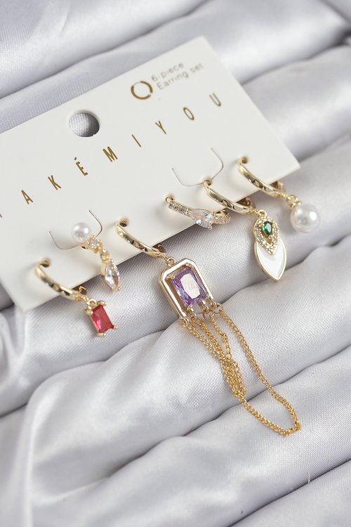 Pirinç Zirkon Taşlı Sallantılı Ve İncili Gold Renk 6'lı Küpe Set 5886 - MZUIRG9049-656