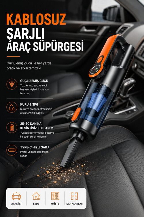 Araç İçi Temizlik İçin Şarjlı El Süpürgesi - MZUIRG5095-7808