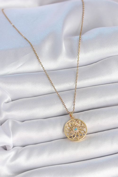 316L Çelik Gold Renk Zincr Mavi Taşlı Lotus Model Kadın Kolye 5886 - MZUIRG7997-4793