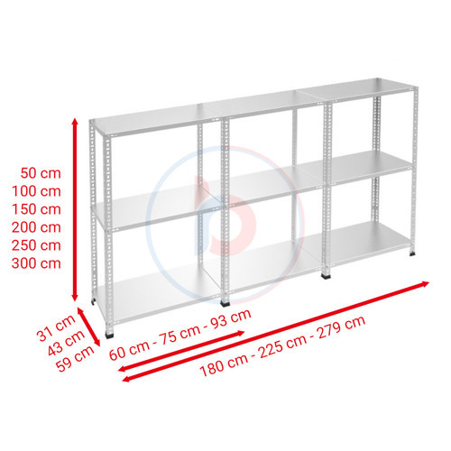 3 Katlı 3'lü Galvaniz Çelik Raf - Depo, Arşiv, Kiler, Dosya, Market Rafı 59x93 cm-150 cm-1.50 mm