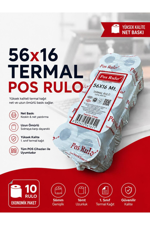 56x16 Termal POS RULO 5 Paket 50 Adet TSE Belgeli Yazarkasa Pos Rulosu
