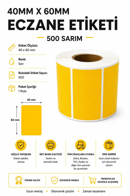 40x60 MM ECZANE ETİKETİ 500 SARIM (10 RULO)