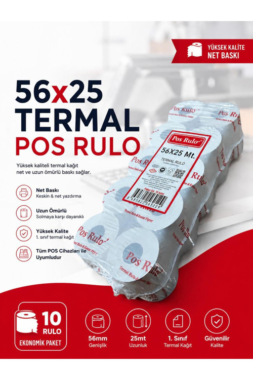 56x25 Termal POS RULO 10 Paket 100 Adet TSE Belgeli Yazarkasa Pos Rulosu
