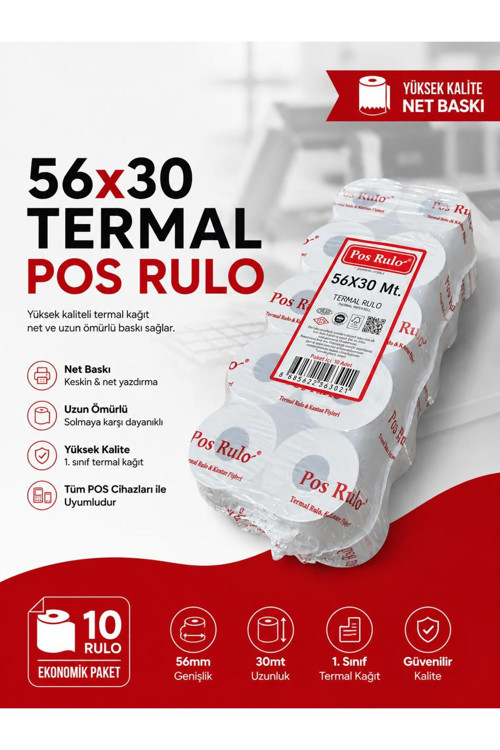 56x30 TERMAL POSRULO 1 Paket 10 Adet TSE Belgeli Yazarkasa Pos Rulosu