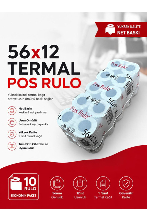 56x12 Termal POS RULO 5 Paket 50 Adet TSE Belgeli Yazarkasa Pos Rulosu