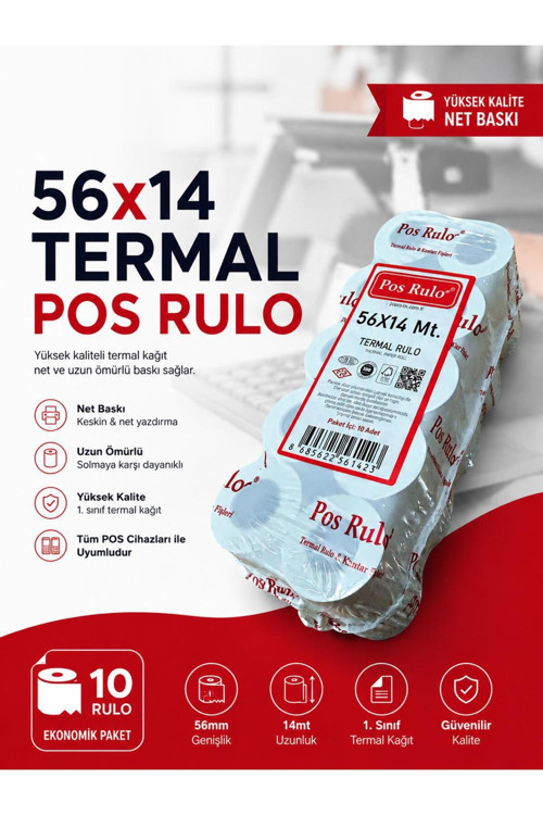 56x14 Termal Rulo 10 Paket 100 Adet TSE Belgeli Yazarkasa Pos Rulosu