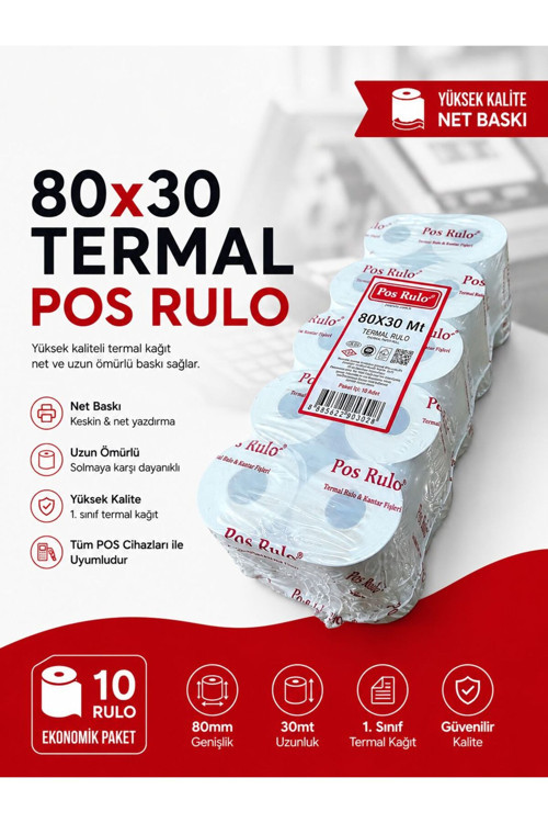 80X30 TERMALPOSRULO 5 Paket 50 Adet TSE Belgeli Yazarkasa Pos Rulosu