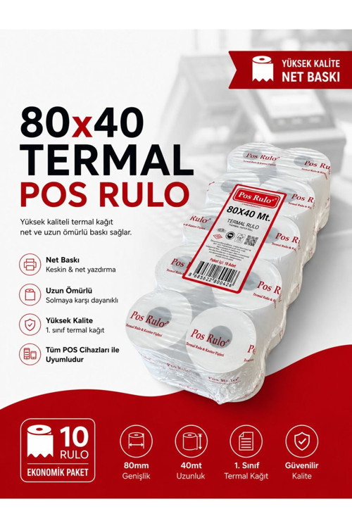 80X40Termal Rulo 10 Paket 100 Adet TSE Belgeli Yazarkasa Pos Rulosu