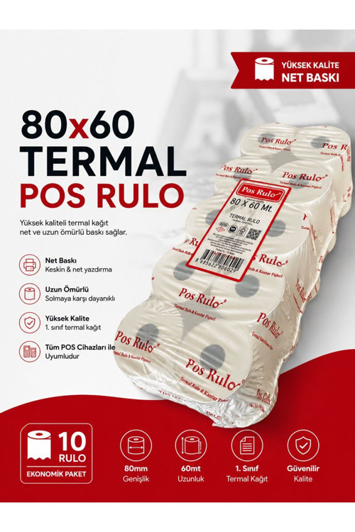 80X60 Termal Rulo 6 Paket 60 Adet TSE Belgeli Yazarkasa Pos Rulosu