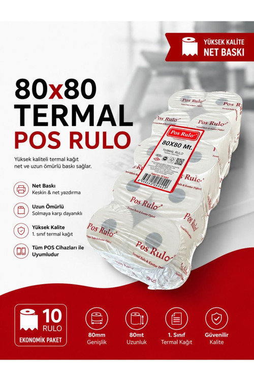 80X80 Termal Rulo 10 Paket 100 Adet TSE Belgeli Yazarkasa Pos Rulosu