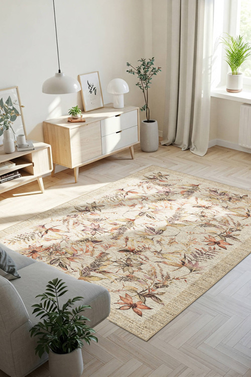 Florart Bej / Turuncu Vintage Dokulu Çiçek Desenli Dokuma Tabanlı Şönil Halı AL 470