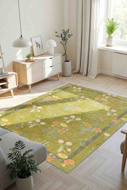 Florart Yeşil / Turuncu Çiçek Desenli Dokuma Tabanlı Modern Şönil Halı AL 482