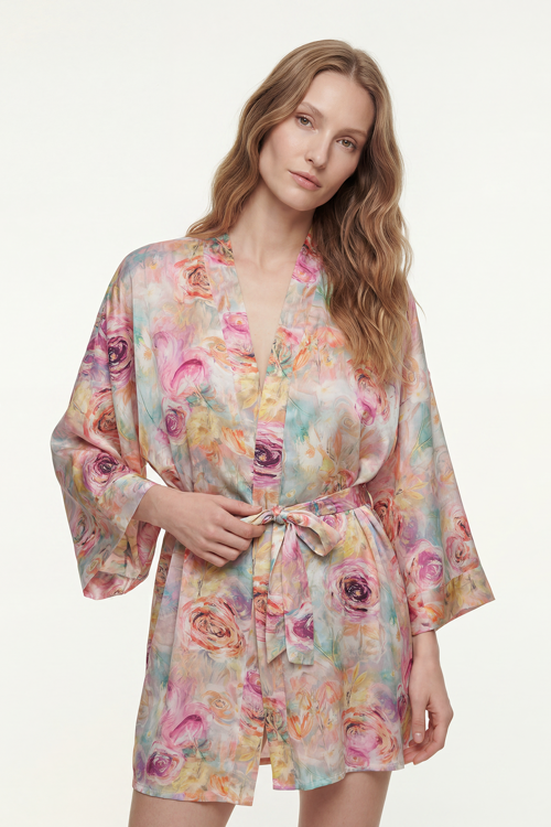 Fumee Marguerite Desenli Kısa Saten Sabahlık / Kimono