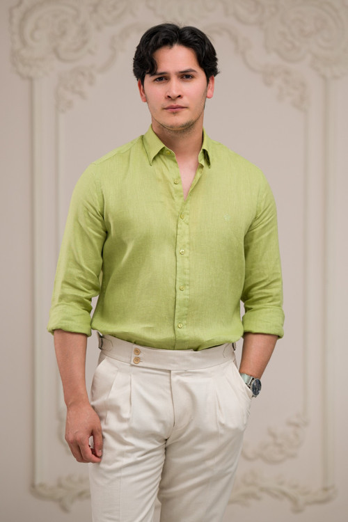 Regular Fit Gizli Düğmeli Yaka %100 Linen Ham Keten Gömlek