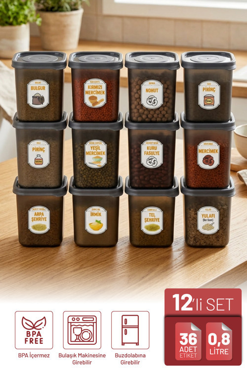 12'li Etiket Hediyeli 800 ml Erzak Baharat Saklama Kabı Seti Antrasit