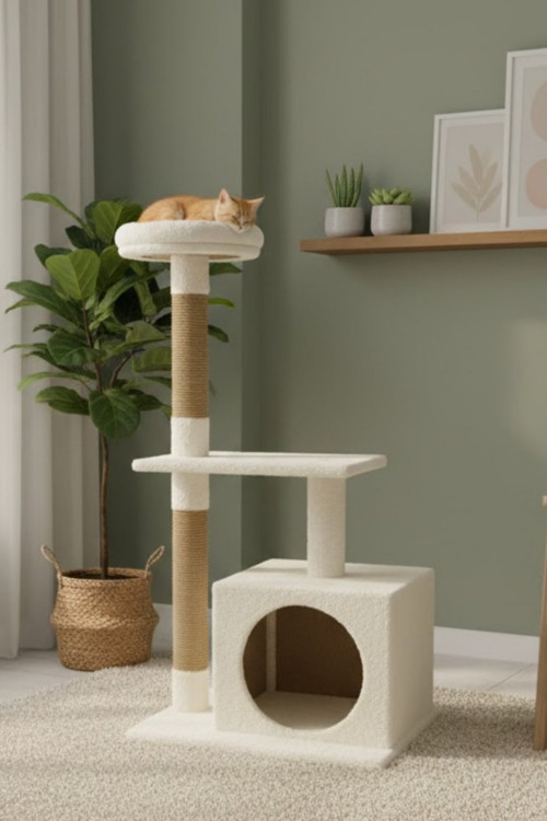 Pet Kedi Tırmalama Ve Oyun Evi Platformu Beyaz