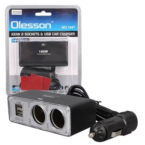 1647 12-24V Çift Usb Girişli 100W 70Cm Kablolu 2'Li Araç Çakmak Çoklayıcı
