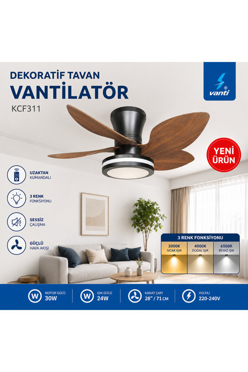 KCF311 30W Kumandalı LED Işıklı Dekoratif Tavan Vantilatörü 5 Kanatlı Ahşap Görünümlü Sessiz Fan 28''