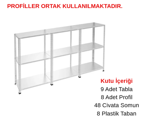 3 Katlı 3'lü Galvaniz Çelik Raf - Depo, Arşiv, Kiler, Dosya, Market Rafı 59x75 cm-50 cm-1.00 mm