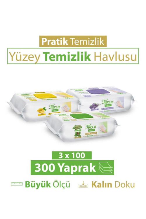 Turco Doğadan Pratik Yüzey Temizlik Havlusu Yeşil Sabun Lavanta Limon 3x100