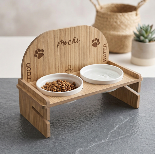 İsme Özel, İkili Ahşap Standlı, Seramik Kaseli, Yükseltilmiş Eğimli Tasarım Kedi Köpek Mama, Su Kabı