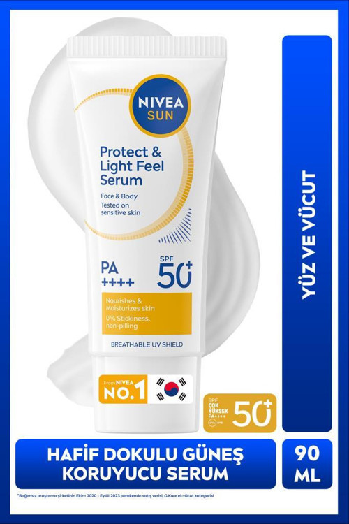 SUN SPF50+ Hafif Dokulu Yüksek Güneş Koruyucu Yüz ve Vücut Serumu 90ml, Hassas Cilt, Nemlendirici