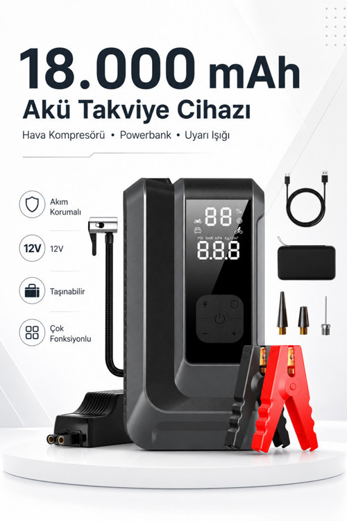 18.000 mAh Akım Korumalı Akü Takviye Cihazı, Lastik Şişirme Pompası, Powerbank Özellikli LED Işıklı Kompresör