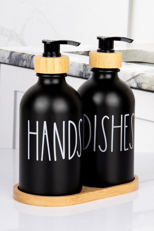 2'Li Doğal Bambu Pompalı Bambu Altlıklı Deterjanlık 350 Ml Oval Cam