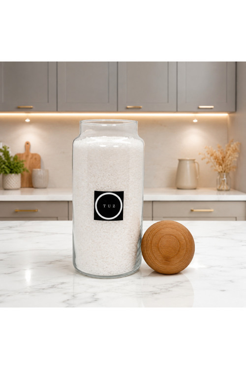 Ahşap Top Kapaklı Cam Tuz Saklama Kavanozu 1400 Ml Etiketi Hediyeli