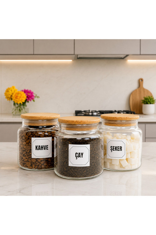 3'Lü Ahşap Vakum Kapaklı Cam Çay Kahve Şeker Saklama Kavanozu Seti 500 Ml Etiket Hediyeli