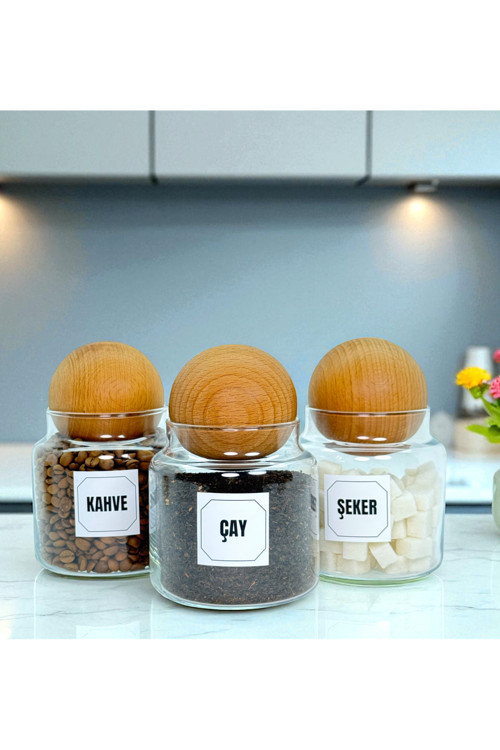 3Lü Ahşap Top Kapaklı Cam Çay Kahve Şeker Saklama Kavanozu Seti 500 Ml Etiket Hediyeli