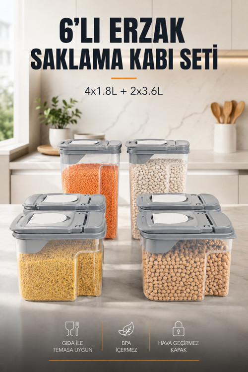 6'lı Erzak Saklama Kabı Seti 4x1.8L + 2x3.6L Şeffaf Gri Kapaklı Bakliyat Düzenleyici Organizer