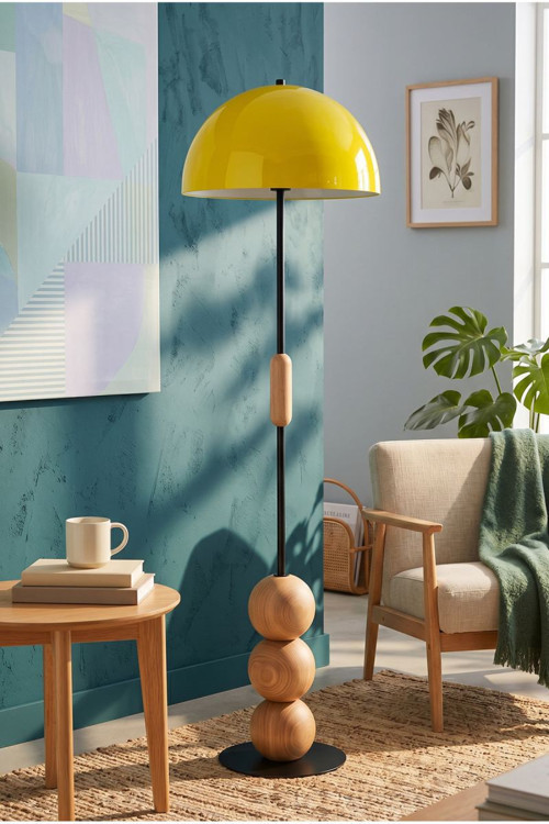 Sarı Lambader Retro Tasarım Natürel Ahşap Detaylı Metal Gövdeli Modern Dekoratif Zemin Lambası