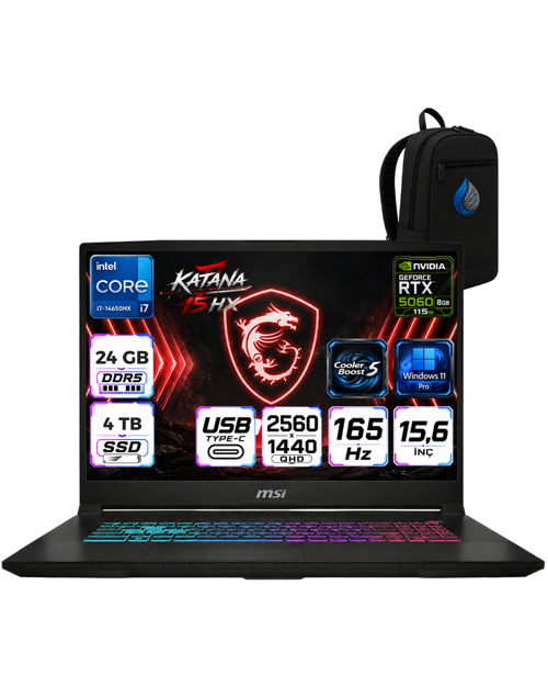 Katana 15 HX Intel Core İ7-14650HX 24 GB DDR5 4 TB SSD 8GB/RTX5060/115W 15.6" QHD 165Hz Windows 11 Pro Gaming Laptop