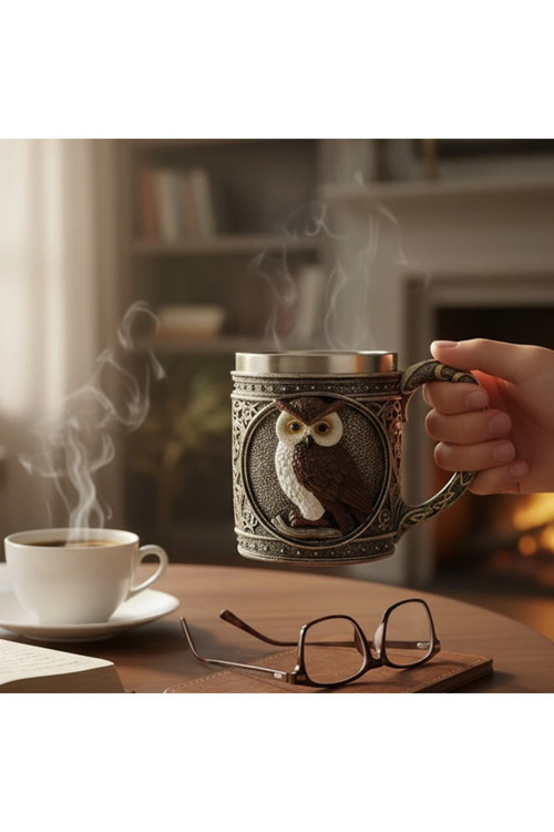 3D Baykuş Figürlü Metal Kupa Bardak