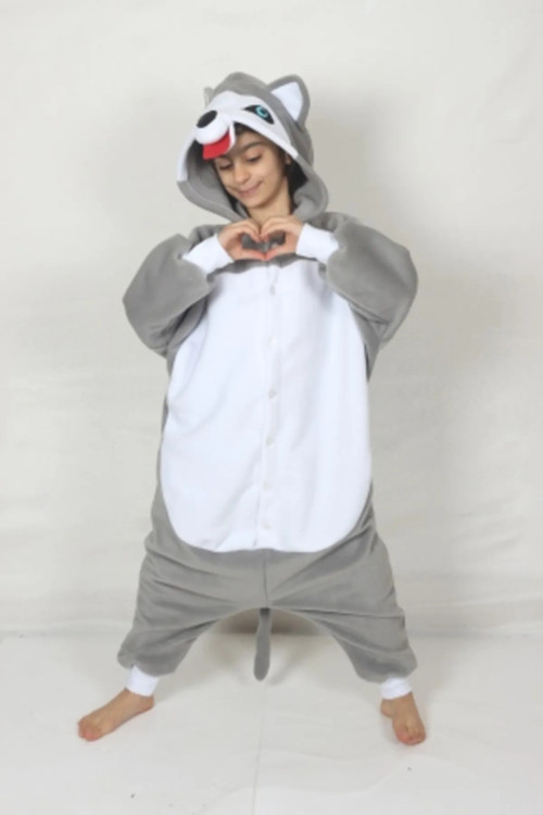 Çocuk Kigurumi Sibirya Kurdu Kurt Kostümü Hayvan Kostümü