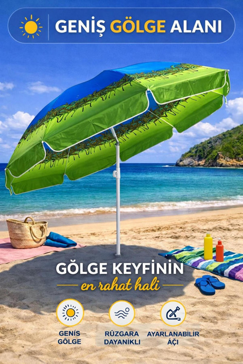 Mavi-Yeşil 240 Cm Ayarlanabilir Geniş Gölgeli Polyester Plaj Şemsiyesi