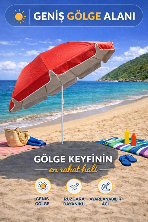 Kırmızı-Bej 200 Cm Ayarlanabilir Fon Model Plaj Şemsiyesi