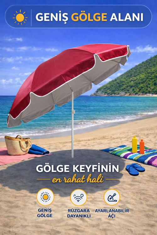 Kırmızı-Bej 200 Cm Ayarlanabilir Fon Model Plaj Şemsiyesi