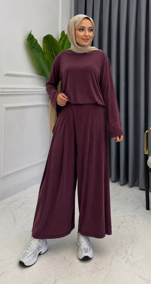 Premium Kupra Kumaş Şalvar Model Pantolonlu Takım – Mürdüm & Haki | S-M-L