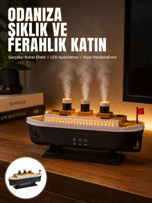popüler Ultra Sessiz Titanik Gemi LED Işıklı Aroma Difüzörü Oda Nemlendirici Yeni Nesil 2026