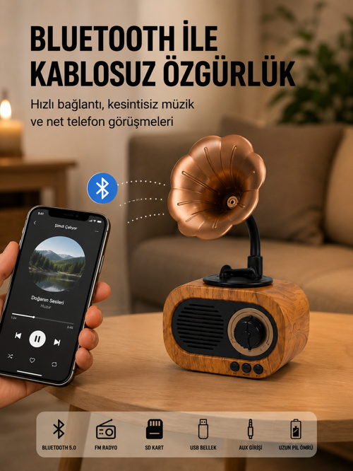 popüler Mini Nostaljik Bluetooth Hoparlör FM Radyo 8 Saat Batarya Yeni Nesil 2026