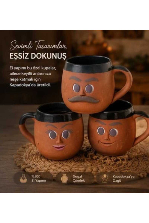 HANCAPPADOCIACOLLECTION Kapadokya Çömlek Emojili Kahve Aile Kupa Seti 3lü