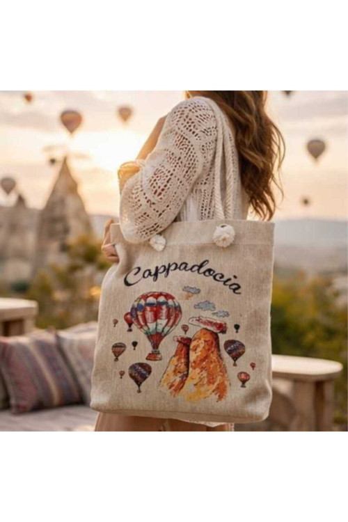 HANCAPPADOCIACOLLECTION Kapadokya Dokuma Heybe Çanta, Kol Çantası, Plaj Çantası, Kadın Çanta-Bej