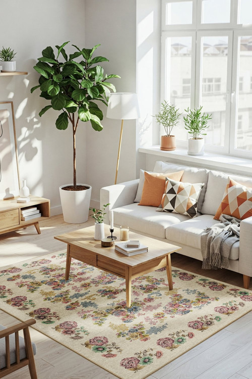 Florart Krem / Çok Renkli Vintage Dokulu Doğa Temalı Çiçekli Dokuma Tabanlı Şönil Halı AL 489