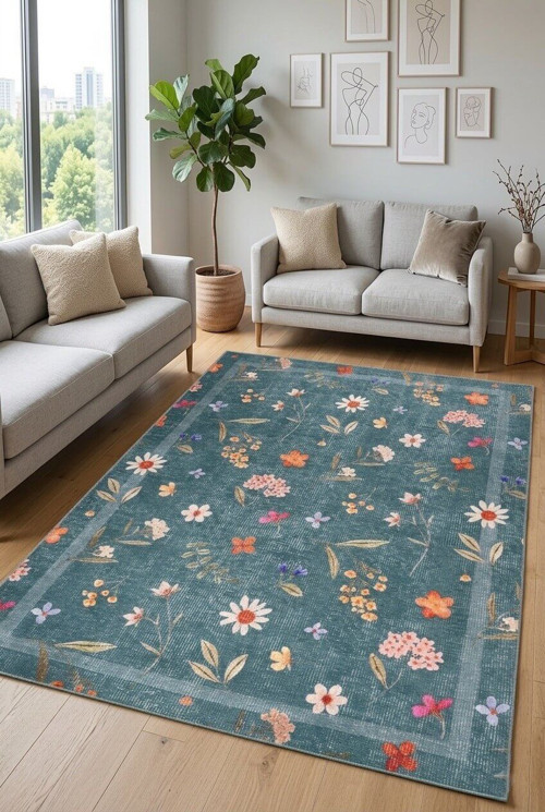 Florart Petrol Yeşilii Çiçek Desenli Dokuma Tabanlı Modern Şönil Halı Al 549