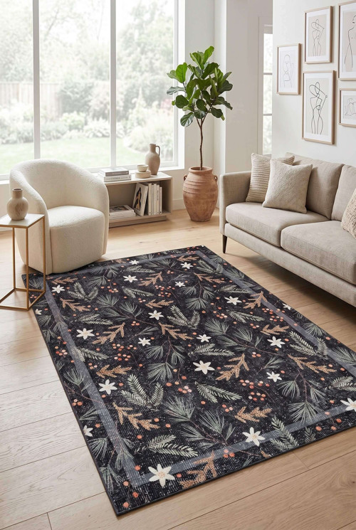 Florart Siyah Çiçek Desenli Dokuma Tabanlı Modern Şönil Halı Al 535