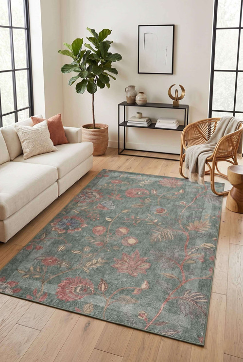Florart Yeşil Çiçek Desenli Dokuma Tabanlı Modern Şönil Halı Al 544
